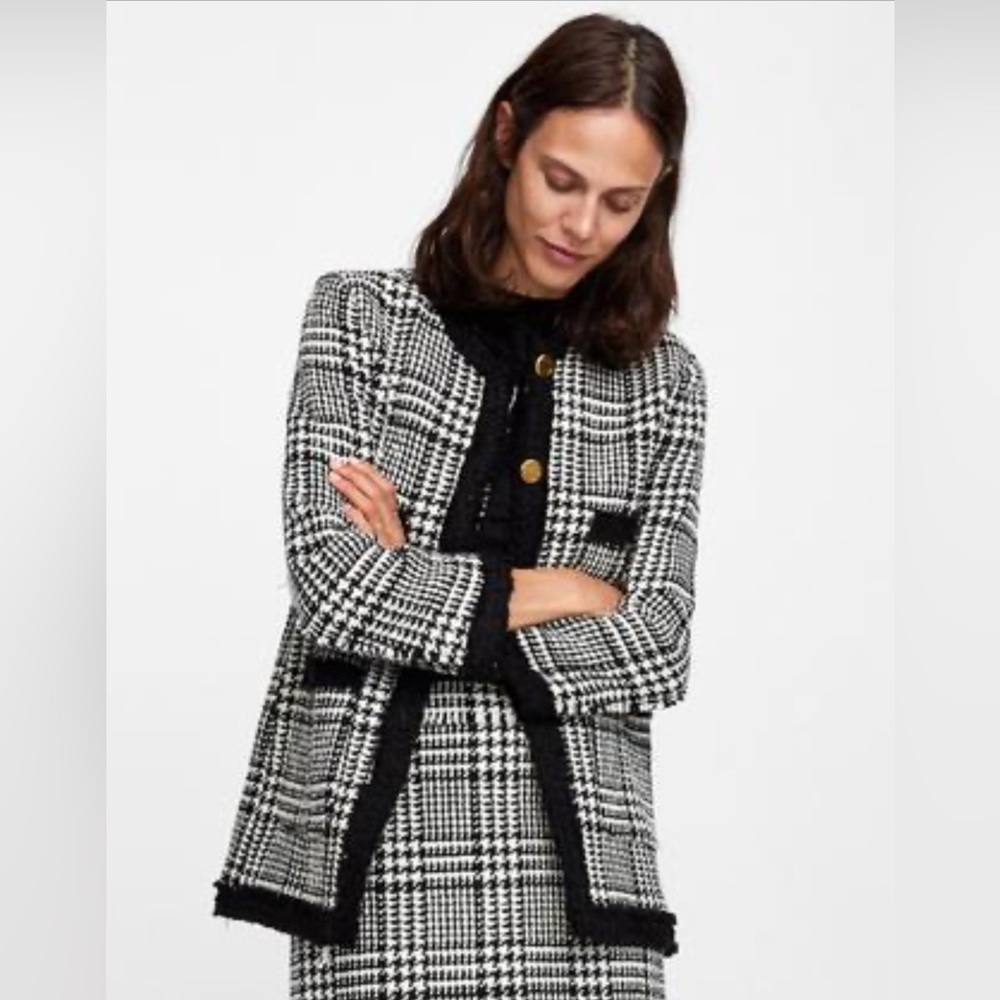 Zara Black and White Long Tweed Blazer with Gold Buttons